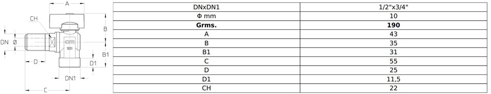 مشخصات فنی شیر ماشین لباسشویی برنجی سیم ایتالیا Cim 39L - PN16 