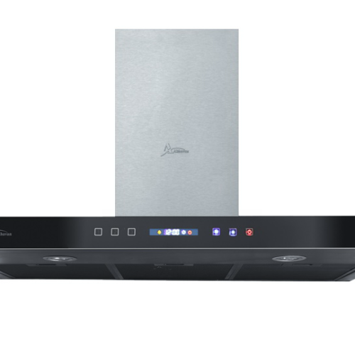 هود شومینه ای شیشه و بدنه مشکی برند اخوان کد H49-TS