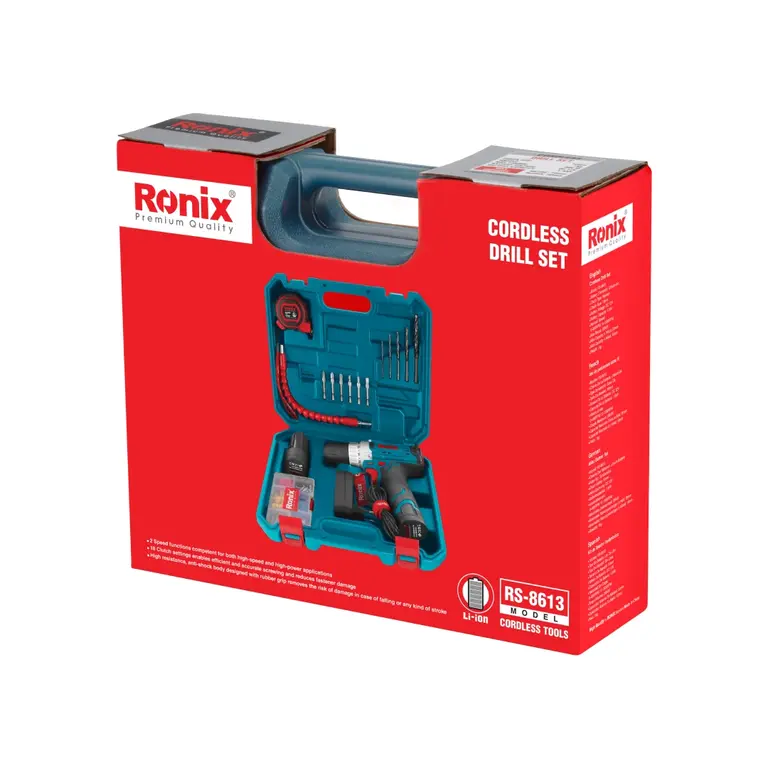 کیت دریل شارژی رونیکس 12 ولت تک باطری 19 پارچه مدل RS-8613